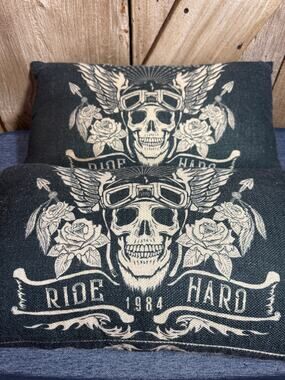 Set Of 2 Motorcycle Throw Pillows 10" x 18" Skull Helmet Wings Ride Hard 1994